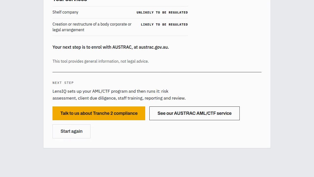 The check’s result screen for an accounting practice: shelf company, unlikely to be regulated; creation or restructure of a body corporate or legal arrangement, likely to be regulated; next step, enrol with AUSTRAC.