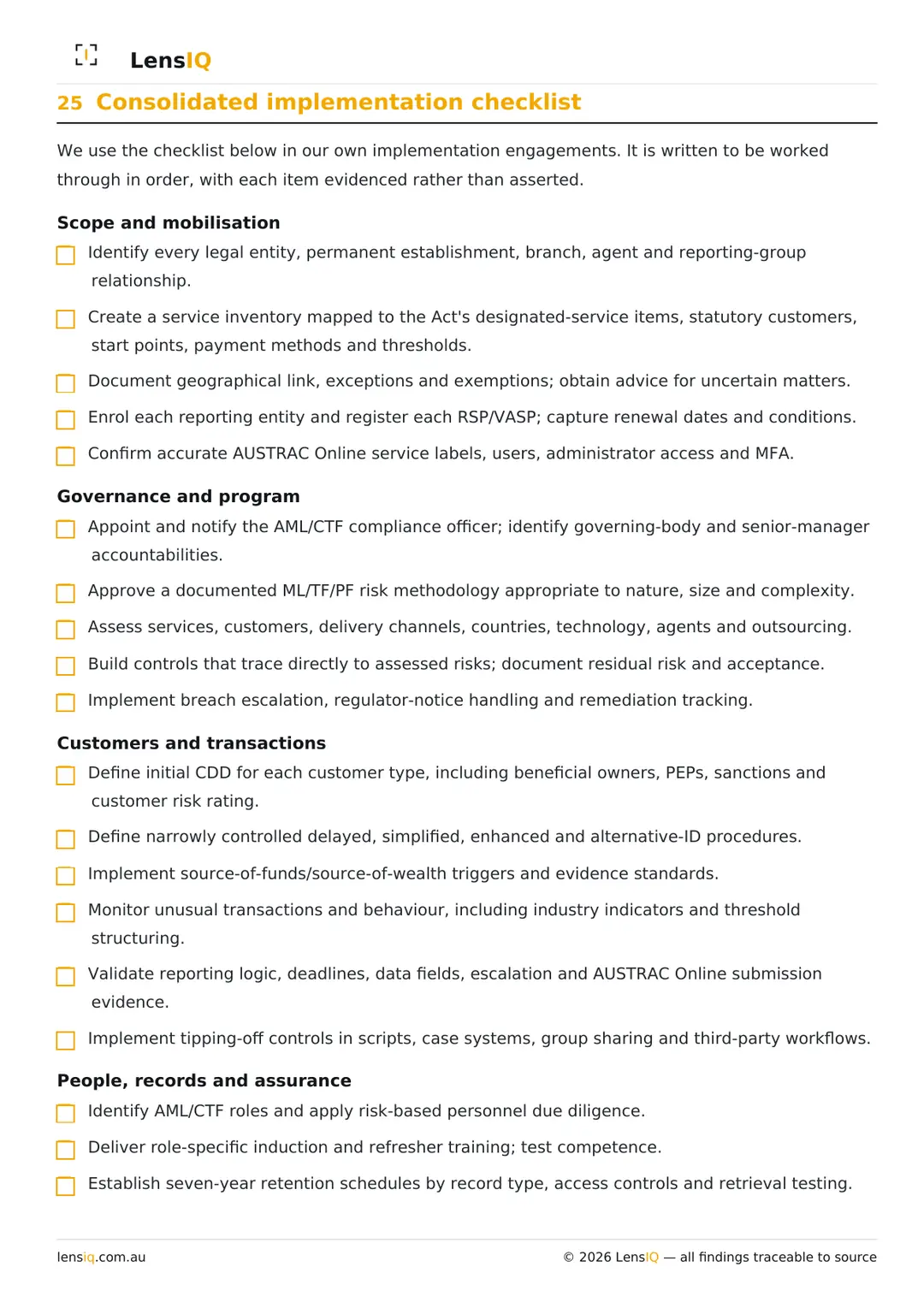 Page 33 of 49. Section 25, Consolidated implementation checklist.