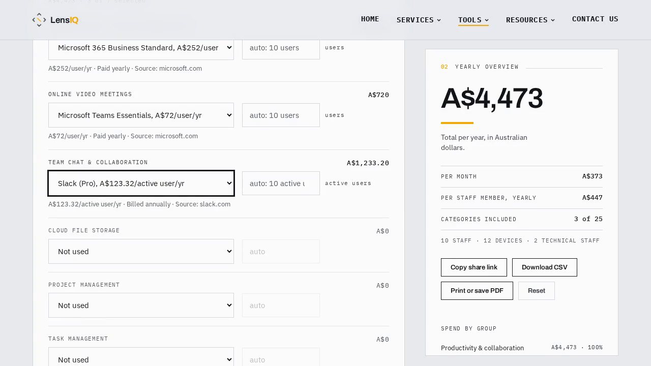 The calculator for ten staff with Microsoft 365 Business Standard, Teams Essentials and Slack selected: A$4,473 a year, A$373 a month, A$447 per staff member.