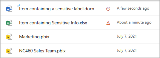 A SharePoint document library listing four files. A circle with a hyphen sits beside the first file and a warning triangle beside the second.
