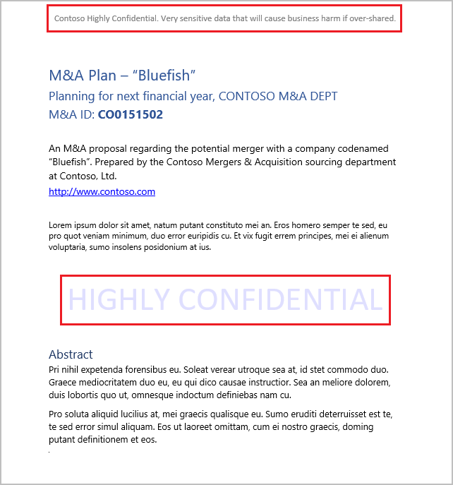 A Word document with a small grey header beginning “Contoso Highly Confidential” and a large pale “HIGHLY CONFIDENTIAL” watermark across the page, each outlined in red.