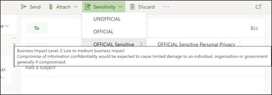 An email being written in Outlook with the Sensitivity menu open, listing UNOFFICIAL, OFFICIAL and OFFICIAL Sensitive, with the sublabel OFFICIAL Sensitive Personal Privacy beside it. A tooltip describes it as Business Impact Level 2, low to medium business impact.